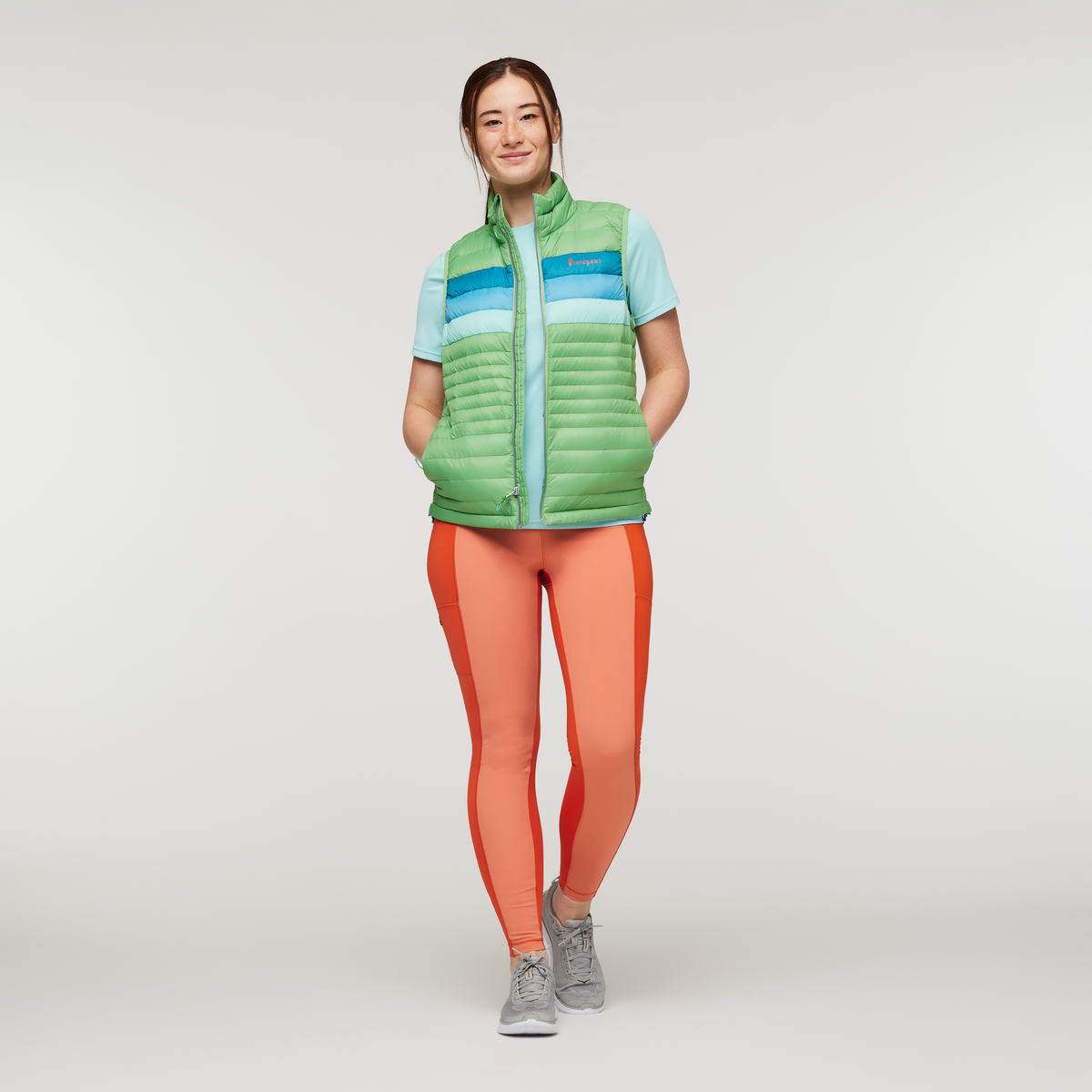 Fuego Down Vest - Women's, Kelp Stripes, Model Aya