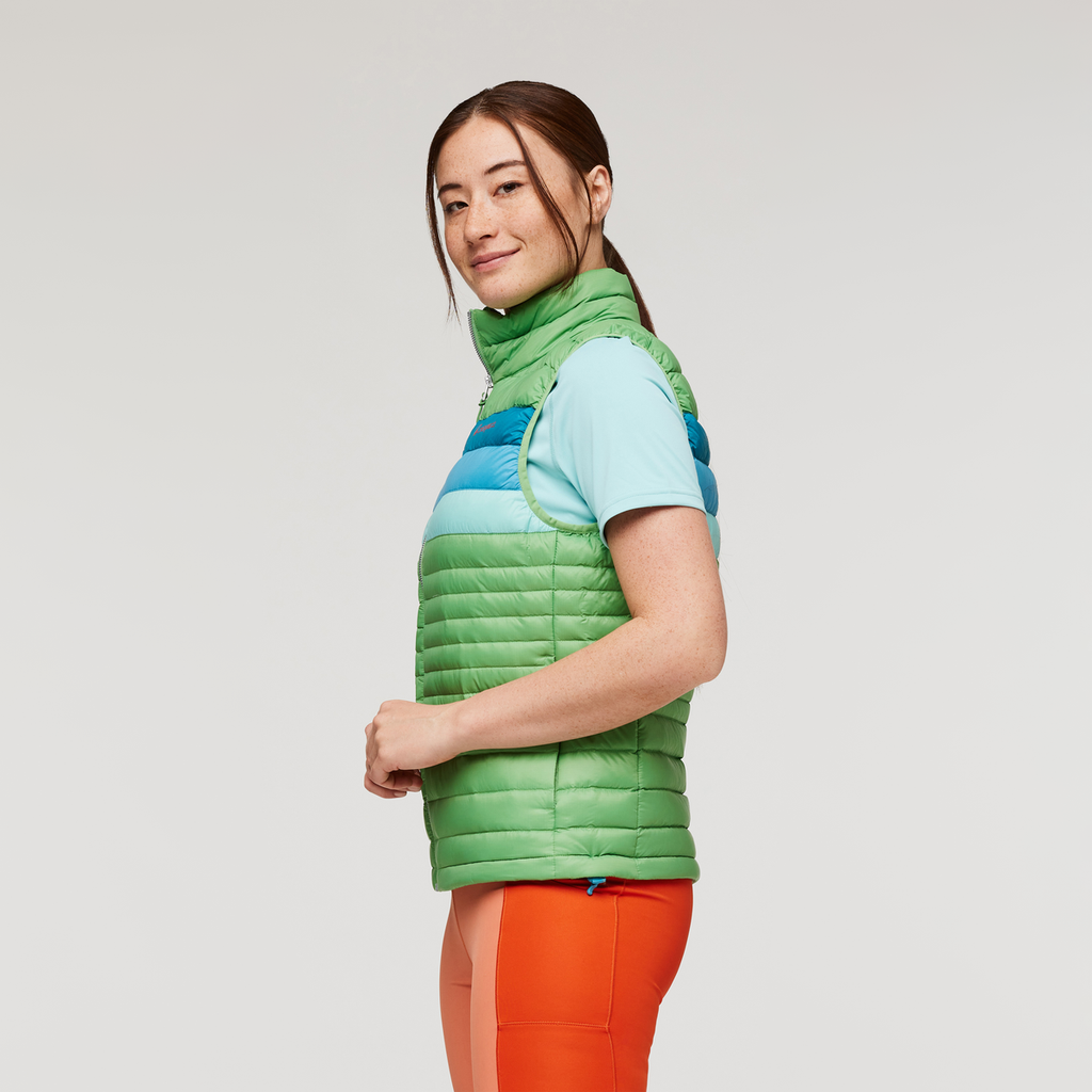 Fuego Down Vest - Women's, Kelp Stripes, Model Aya