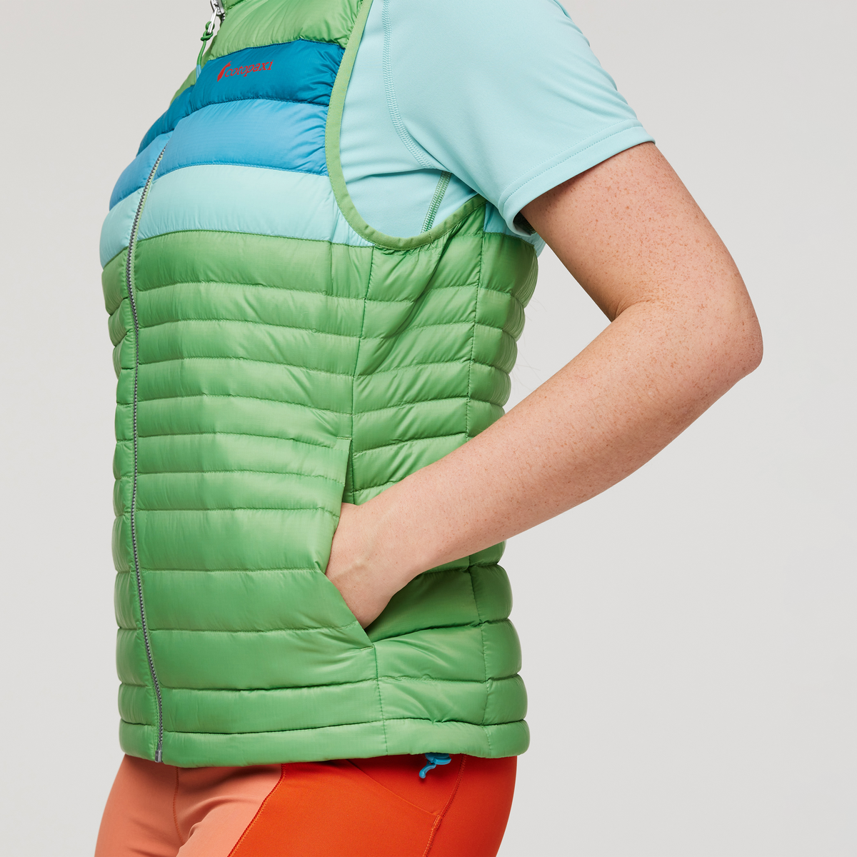 Fuego Down Vest - Women's, Kelp Stripes, Model Aya
