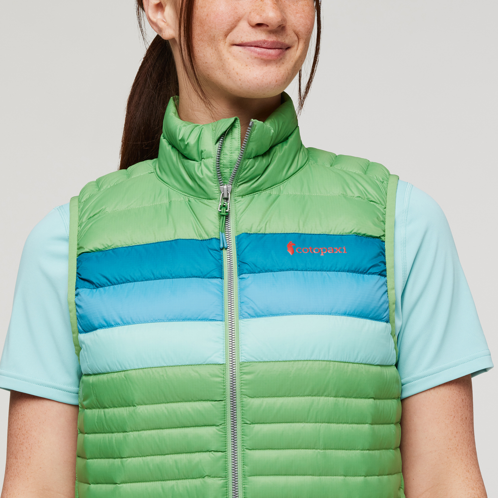 Fuego Down Vest - Women's, Kelp Stripes, Model Aya