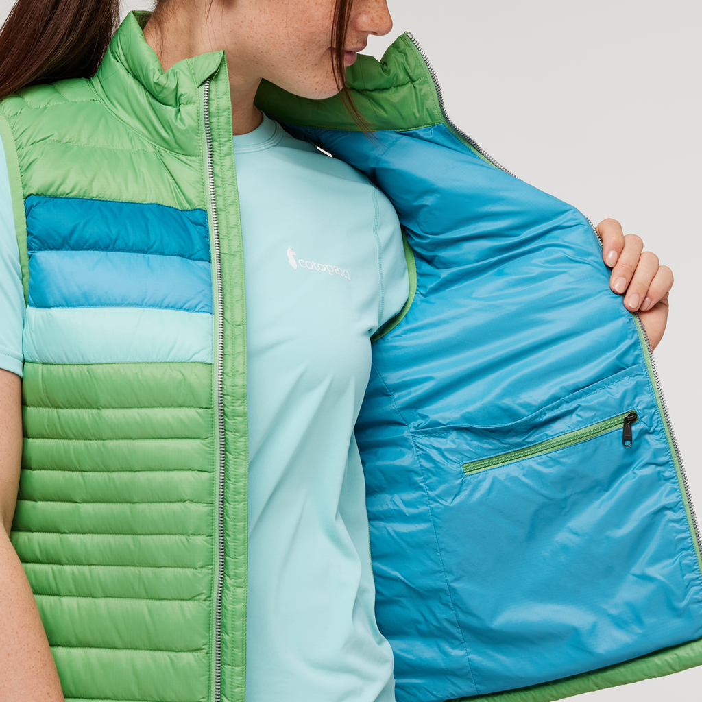 Fuego Down Vest - Women's, Kelp Stripes, Model Aya