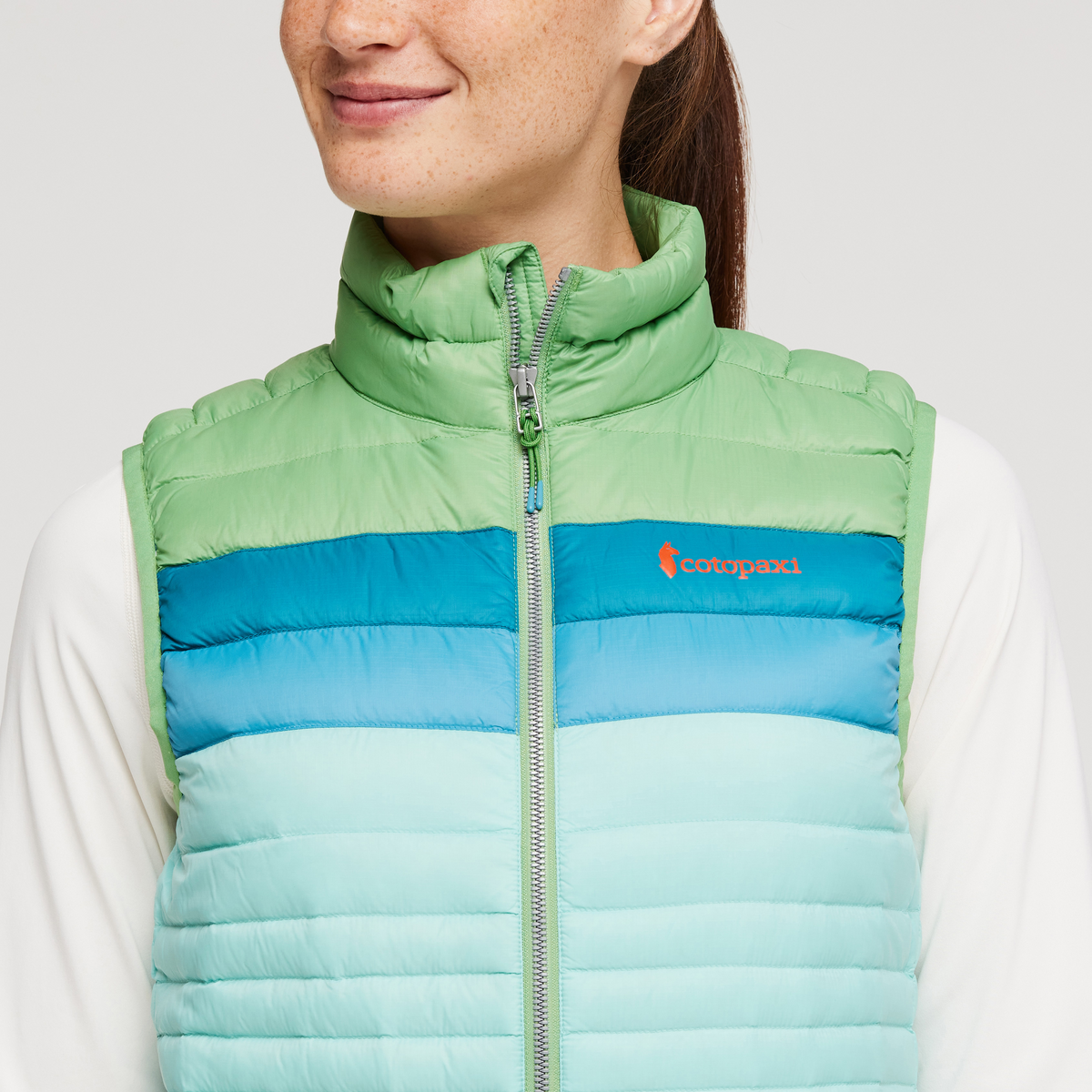 Fuego Down Vest - Women's, Kelp/Sea Glass, Model Aya