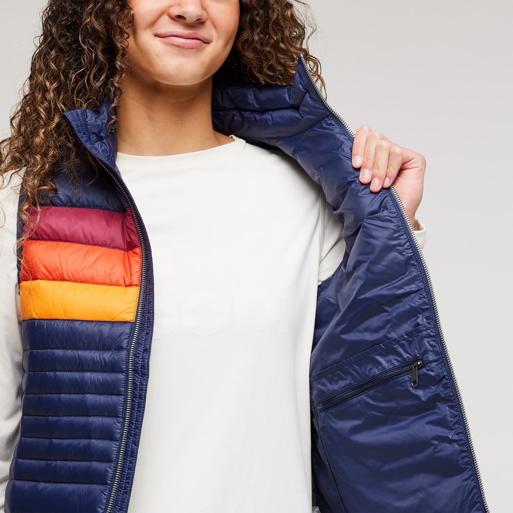 Fuego Down Vest - Women's, Maritime/Raspberry Stripes, Model London