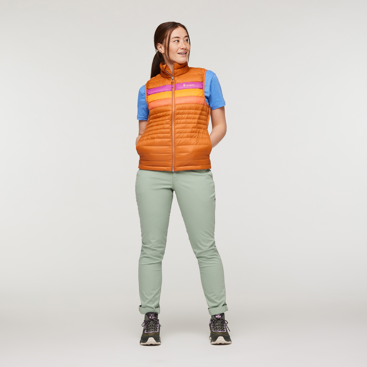 Fuego Down Vest - Women's, Mezcal Stripes, Model Aya