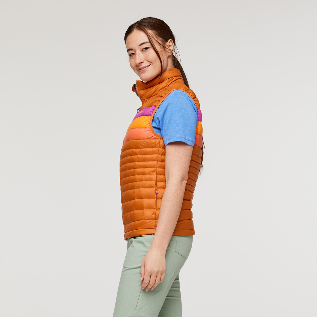 Fuego Down Vest - Women's, Mezcal Stripes, Model Aya