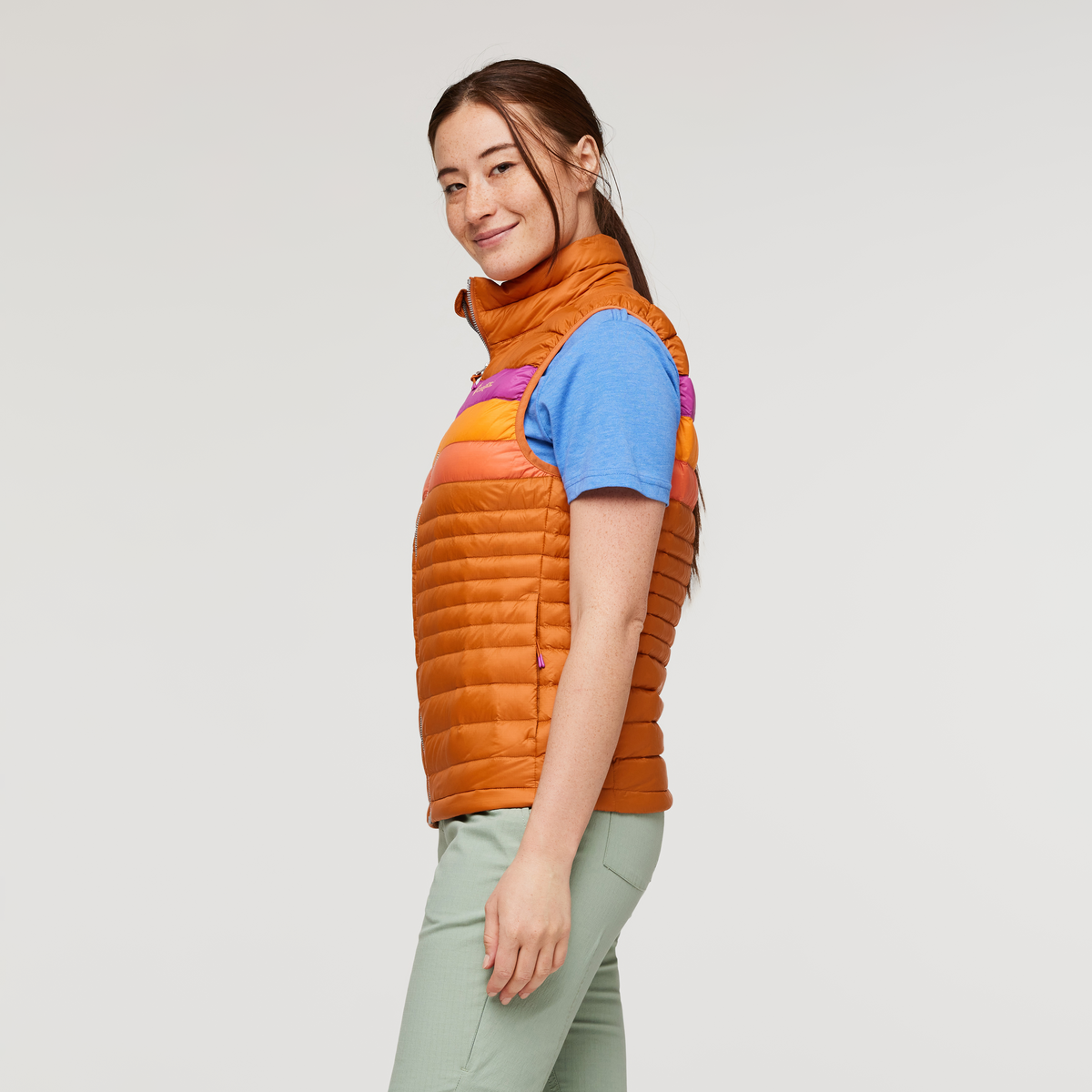 Fuego Down Vest - Women's, Mezcal Stripes, Model Aya