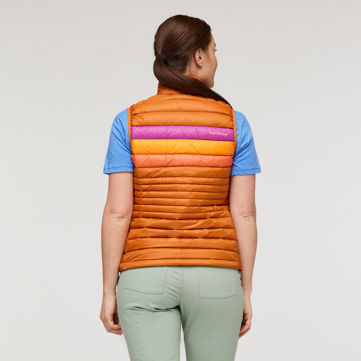 Fuego Down Vest - Women's, Mezcal Stripes, Model Aya