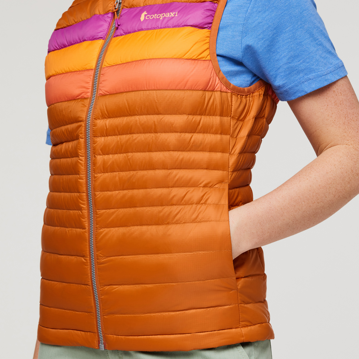 Fuego Down Vest - Women's, Mezcal Stripes, Model Aya