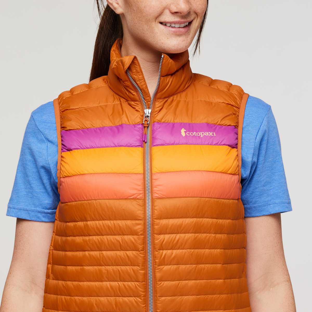 Fuego Down Vest - Women's, Mezcal Stripes, Model Aya