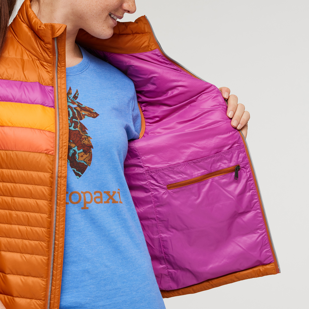 Fuego Down Vest - Women's, Mezcal Stripes, Model Aya