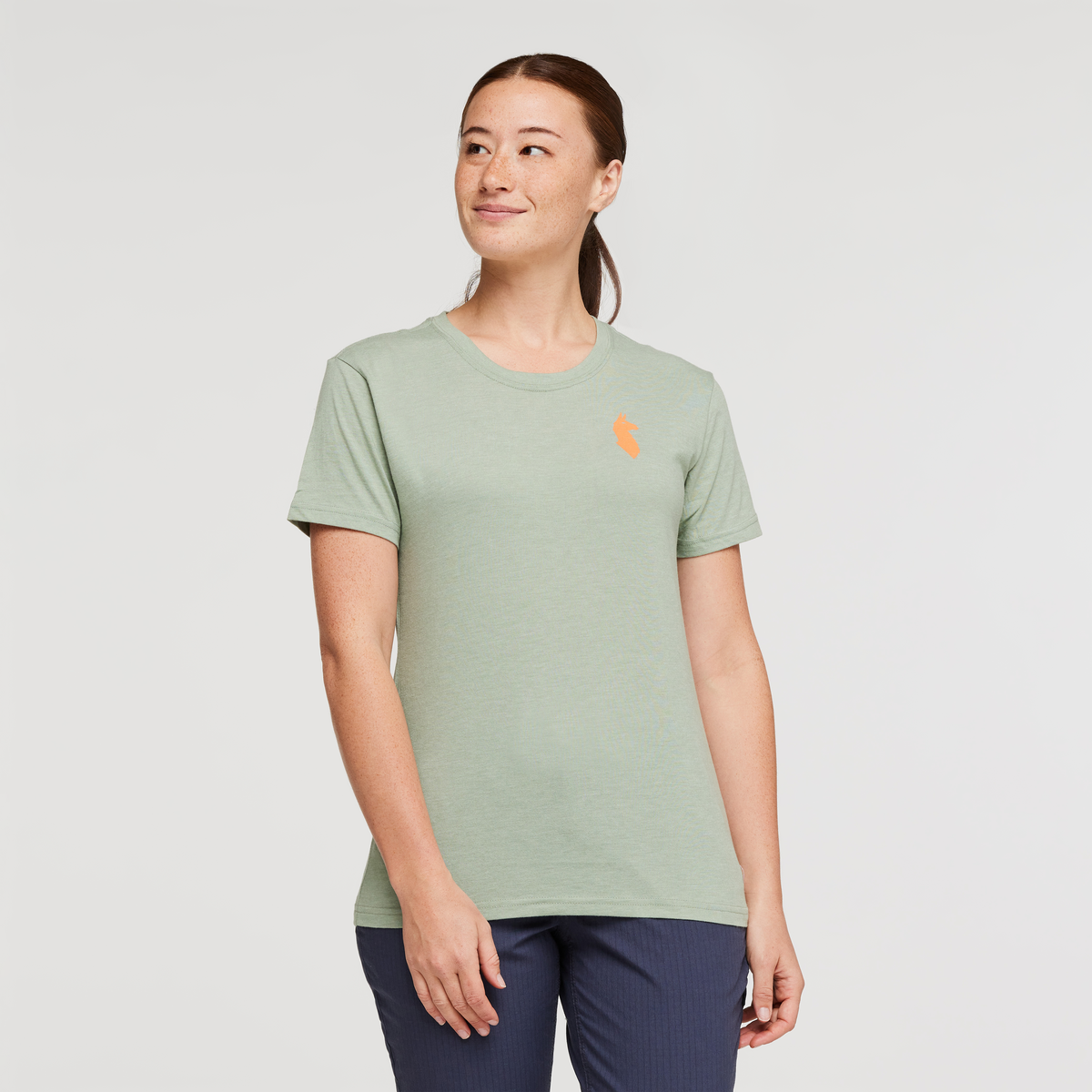 Happy Day Organic T-Shirt - Women's, Silver Leaf, Model Aya