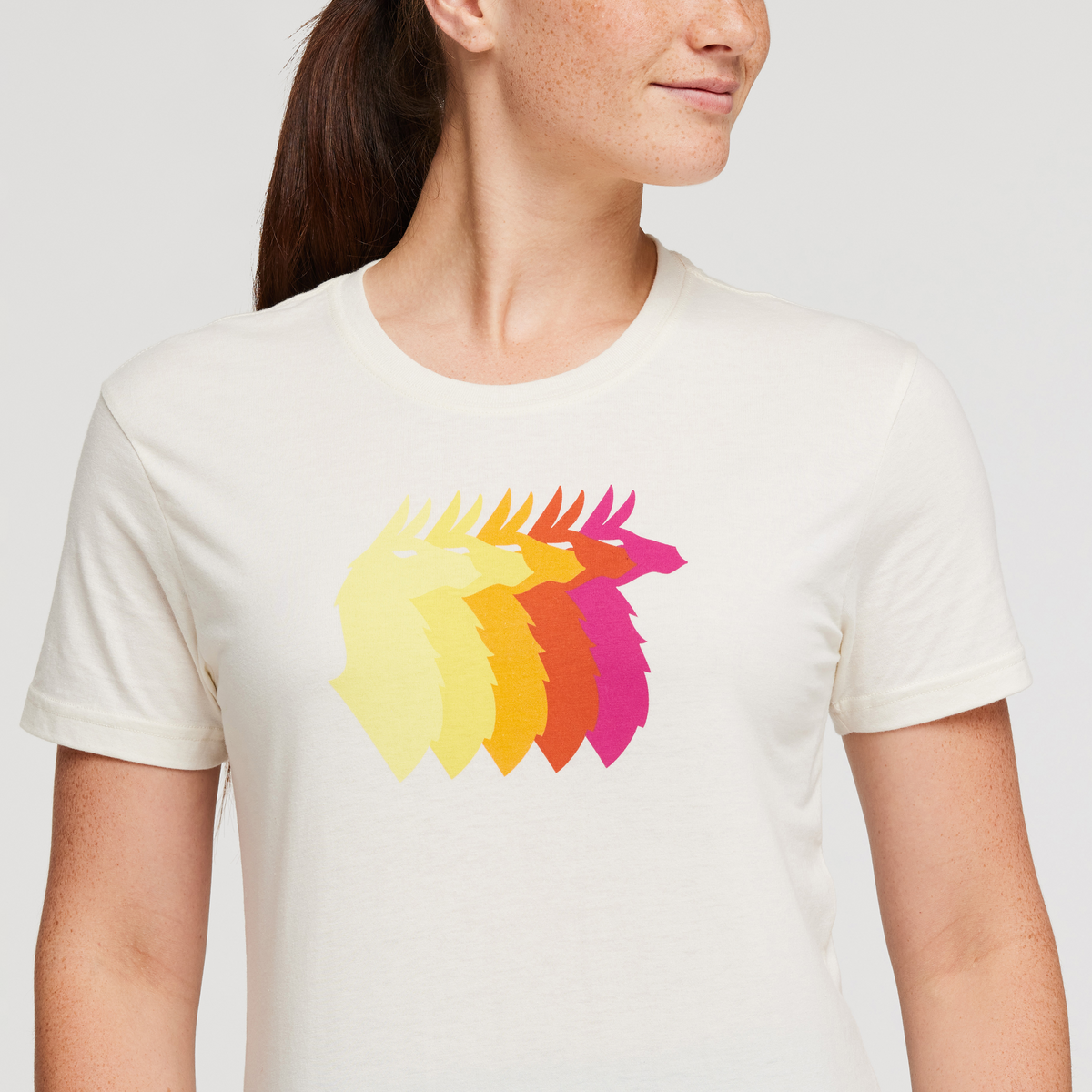 Llama Sequence Organic T-Shirt - Women's, Bone, Model Aya