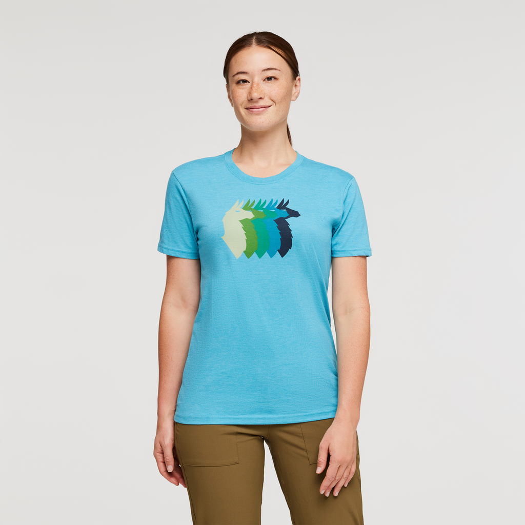 Llama Sequence Organic T-Shirt - Women's, Poolside, Model Aya