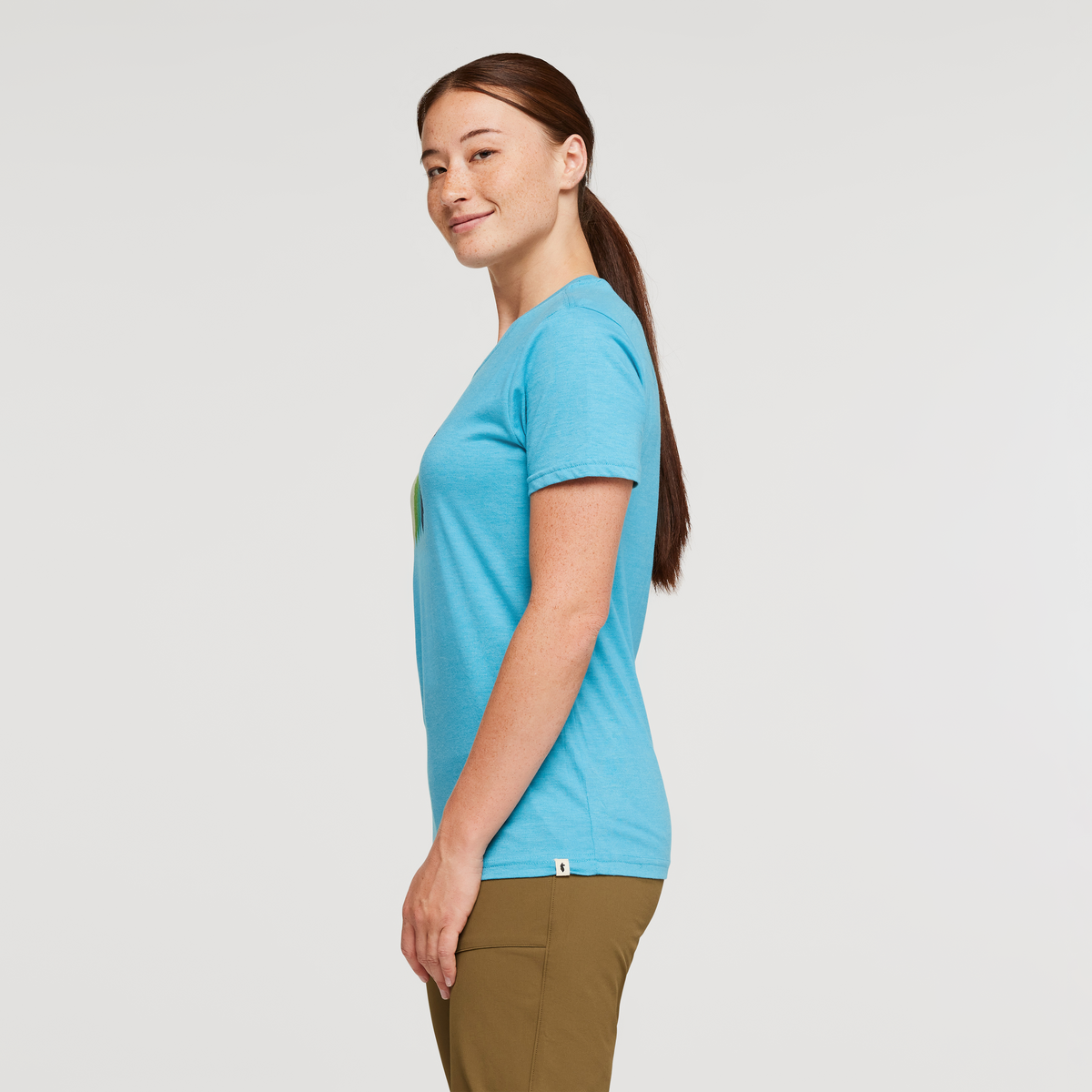 Llama Sequence Organic T-Shirt - Women's, Poolside, Model Aya