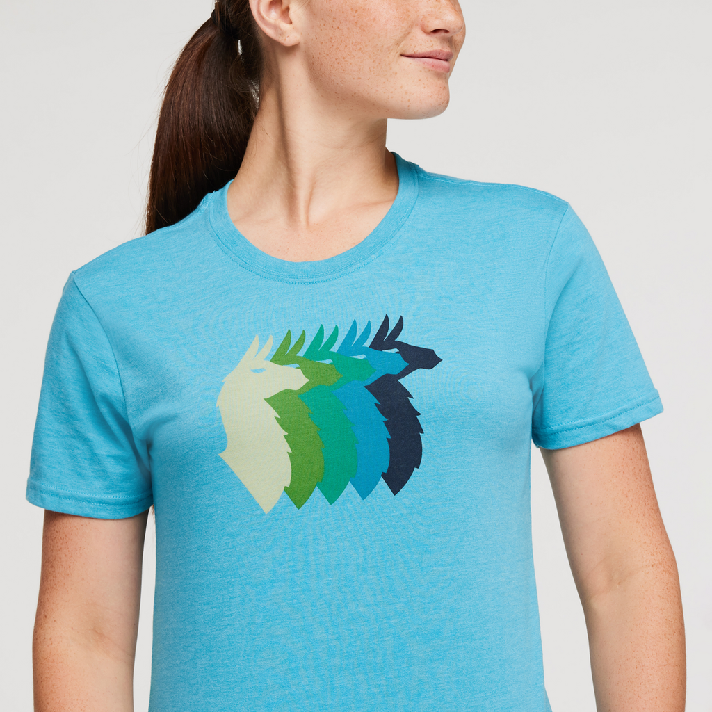 Llama Sequence Organic T-Shirt - Women's, Poolside, Model Aya