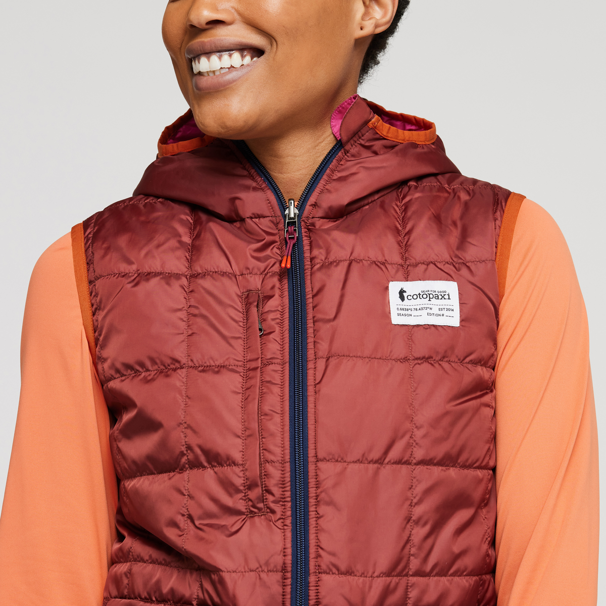 Teca Cálido Hooded Vest - Women's, Spicy Sweet, Model Callie