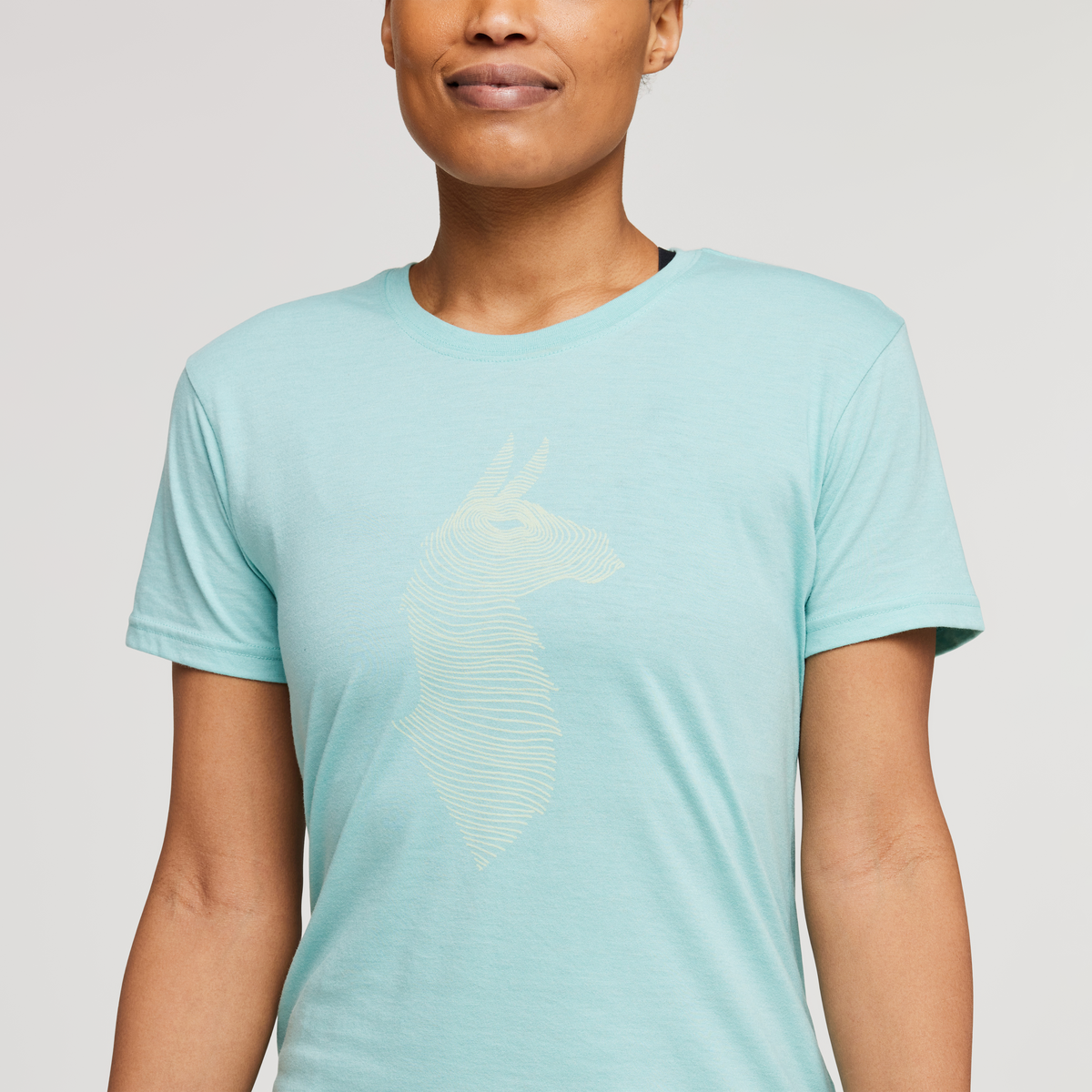 Topo Llama T-Shirt - Women's, Sea Glass, Model Callie