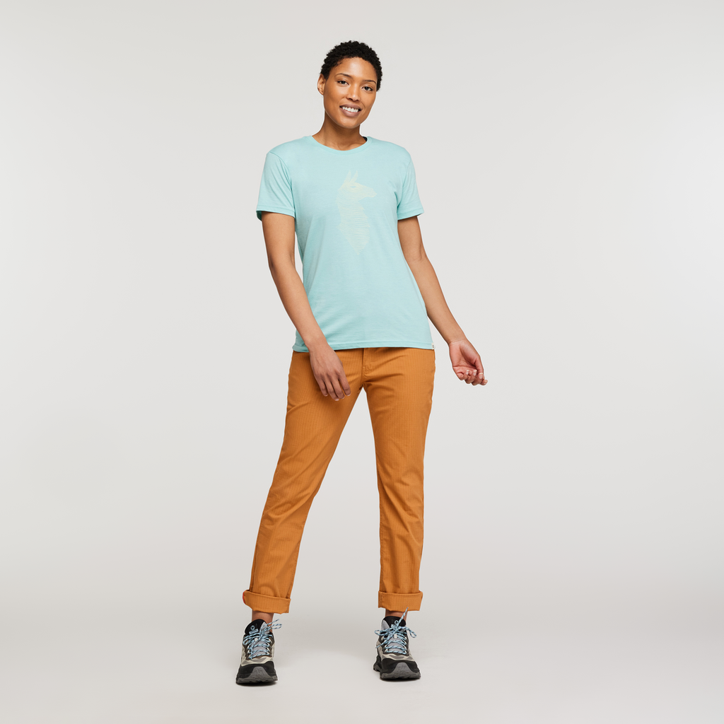 Topo Llama T-Shirt - Women's, Sea Glass, Model Callie