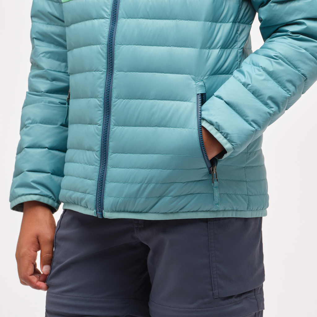 Fuego Hooded Down Jacket - Kids', Coastal Stripes, Model Isaiah