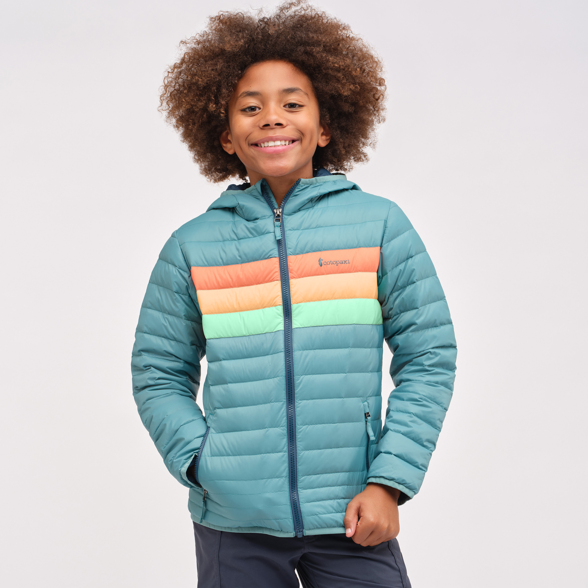 Fuego Hooded Down Jacket - Kids', Coastal Stripes, Model Isaiah