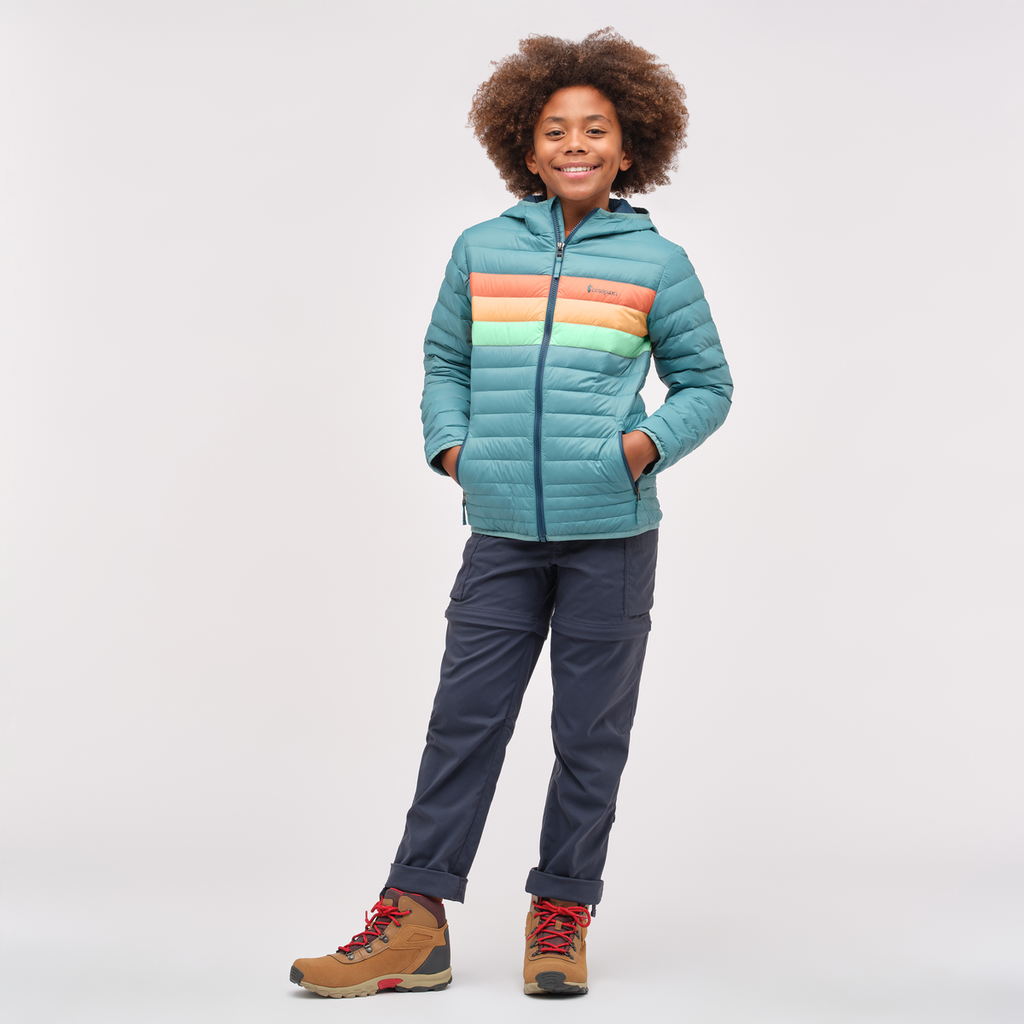 Fuego Hooded Down Jacket - Kids', Coastal Stripes, Model Isaiah