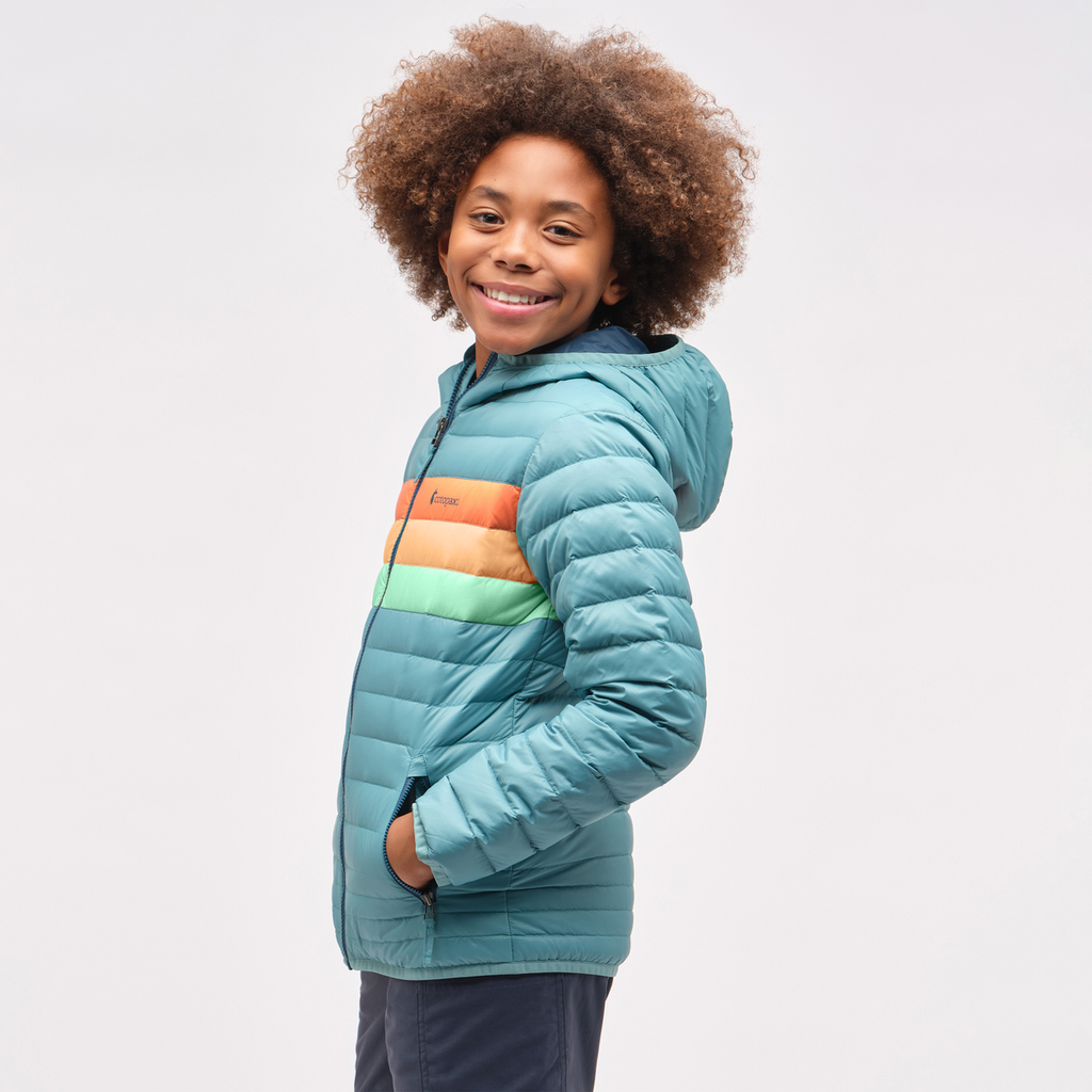 Fuego Hooded Down Jacket - Kids', Coastal Stripes, Model Isaiah