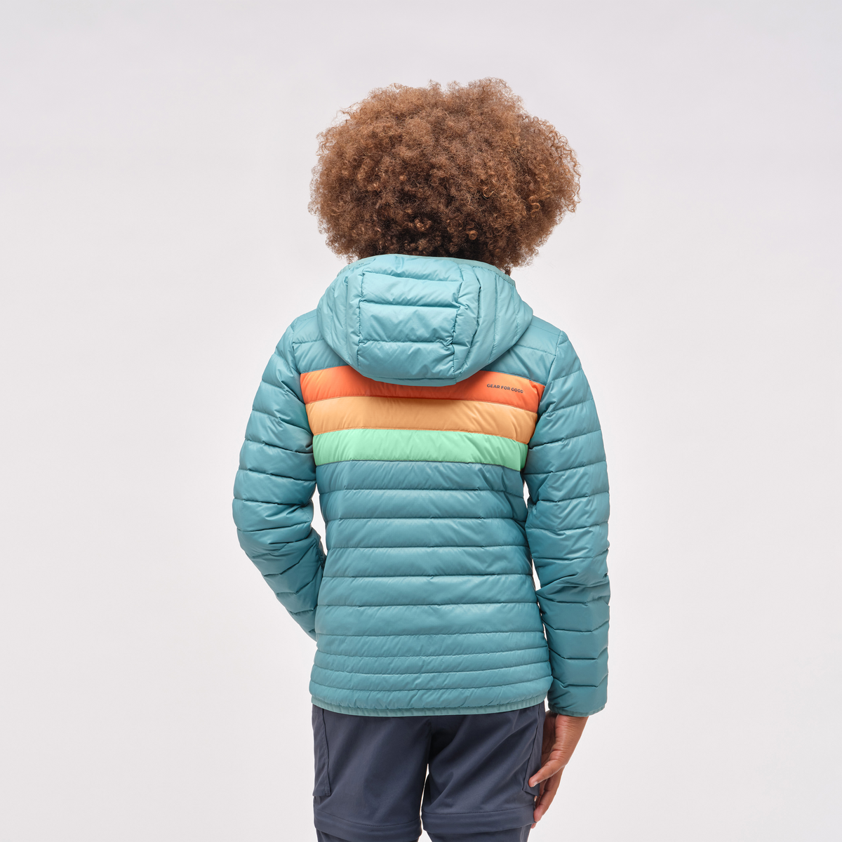 Fuego Hooded Down Jacket - Kids', Coastal Stripes, Model Isaiah