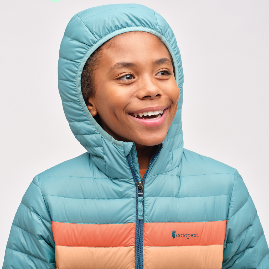Fuego Hooded Down Jacket - Kids', Coastal Stripes, Model Isaiah
