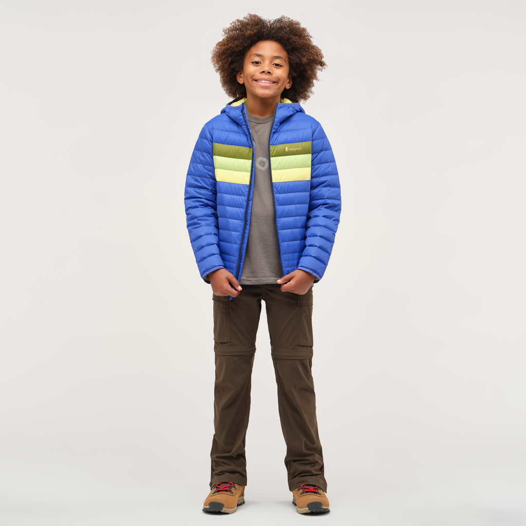 Fuego Hooded Down Jacket - Kids', Scuba Blue Stripes, Model Isaiah