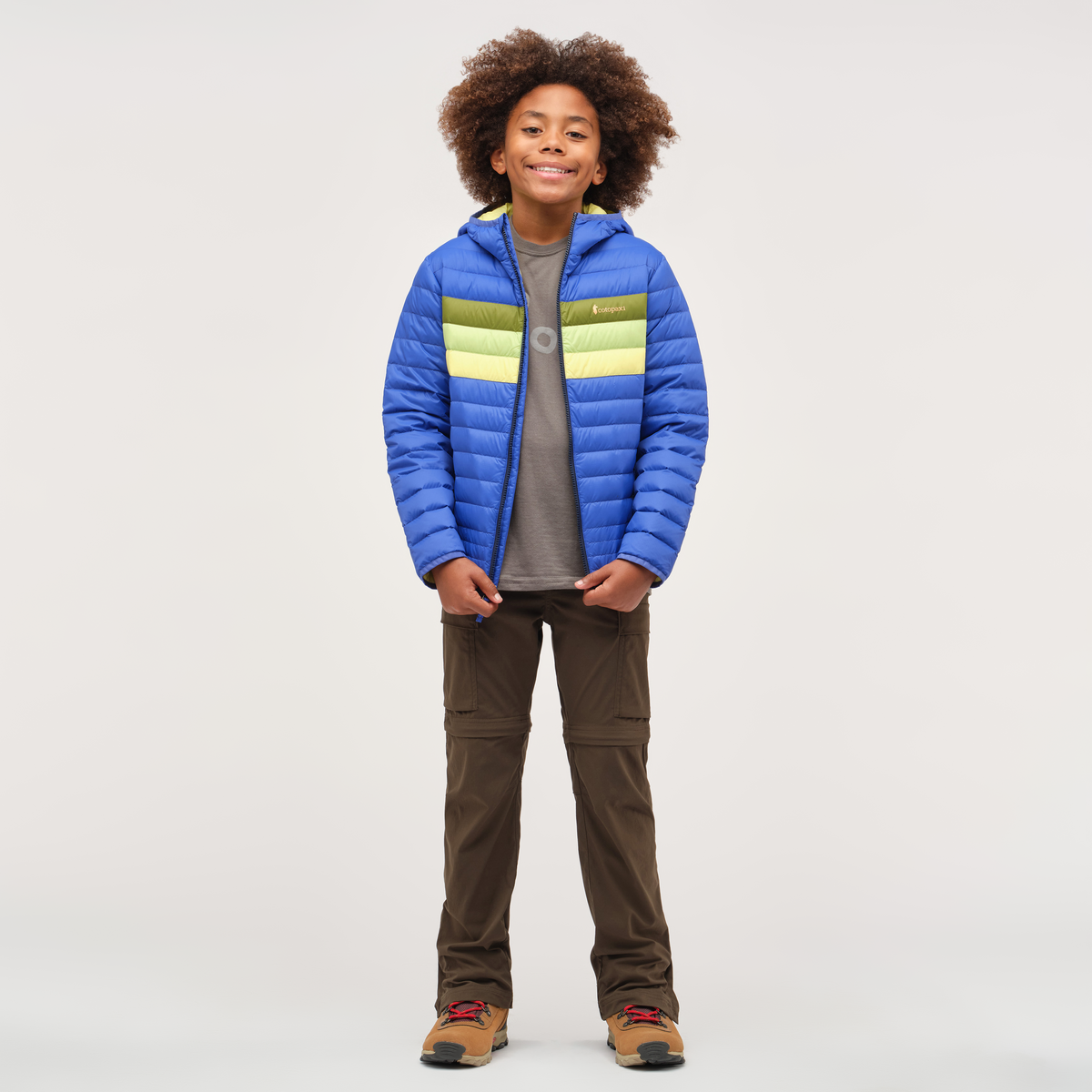 Fuego Hooded Down Jacket - Kids', Scuba Blue Stripes, Model Isaiah