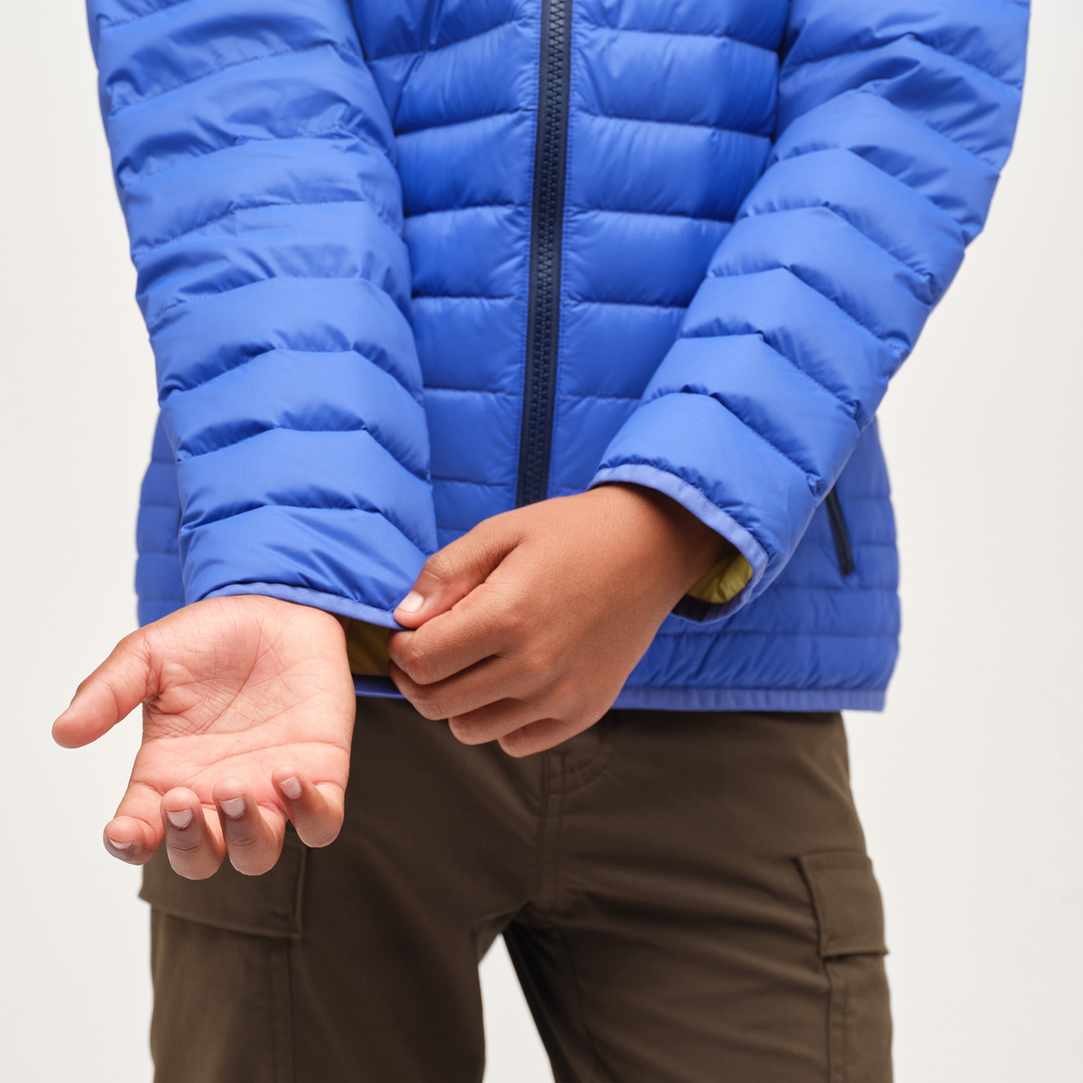 Fuego Hooded Down Jacket - Kids', Scuba Blue Stripes, Model Isaiah