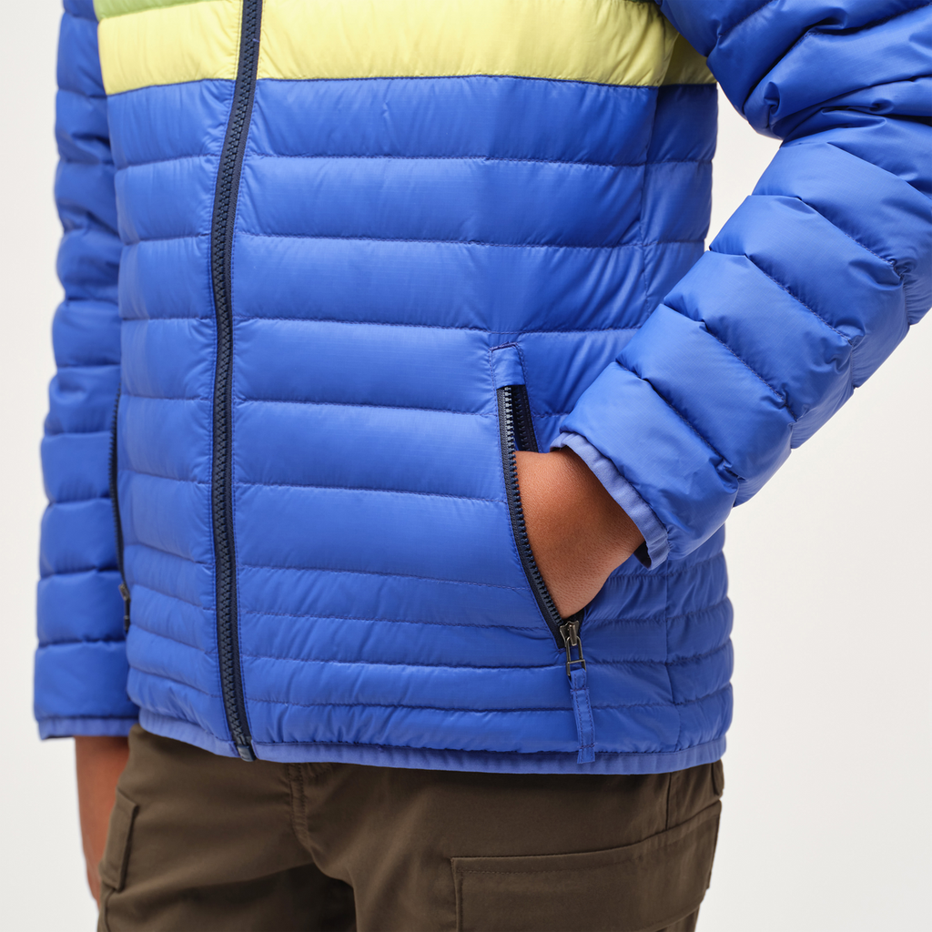 Fuego Hooded Down Jacket - Kids', Scuba Blue Stripes, Model Isaiah