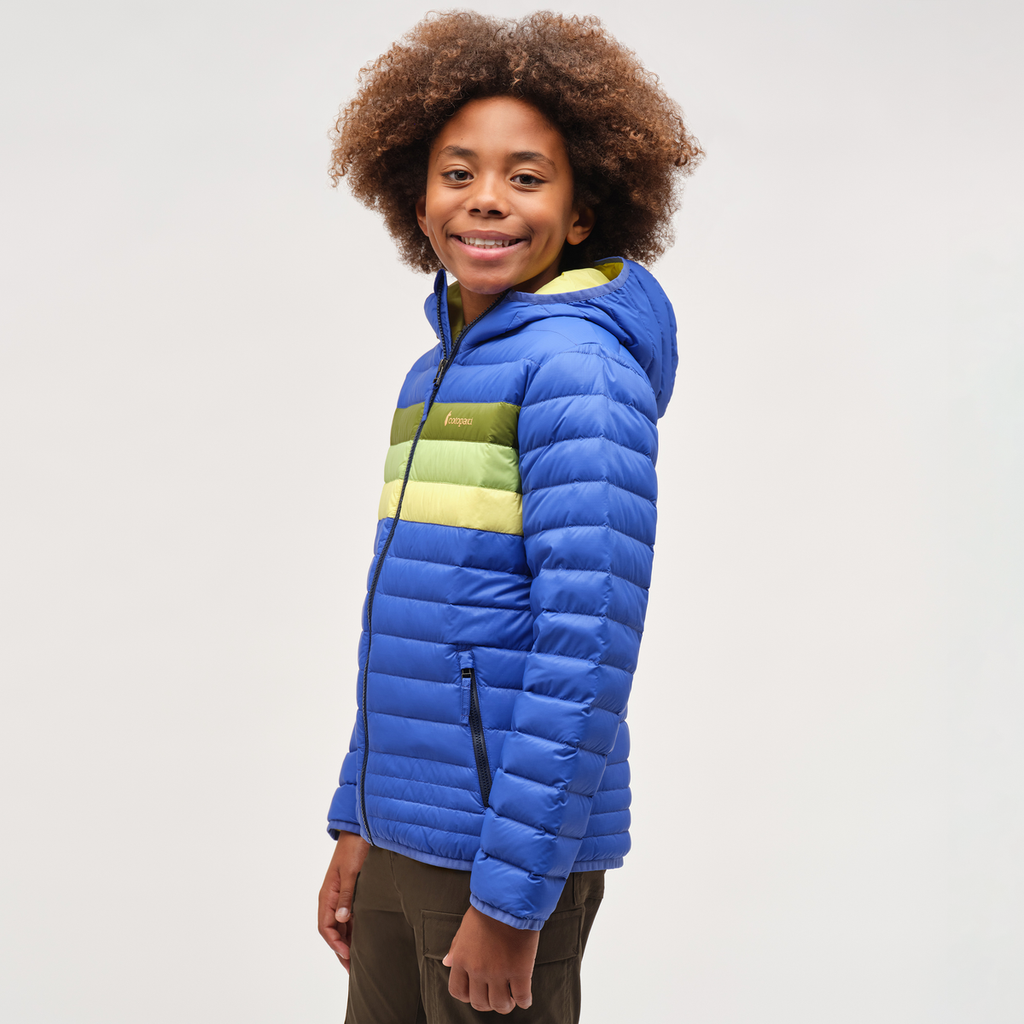 Fuego Hooded Down Jacket - Kids', Scuba Blue Stripes, Model Isaiah