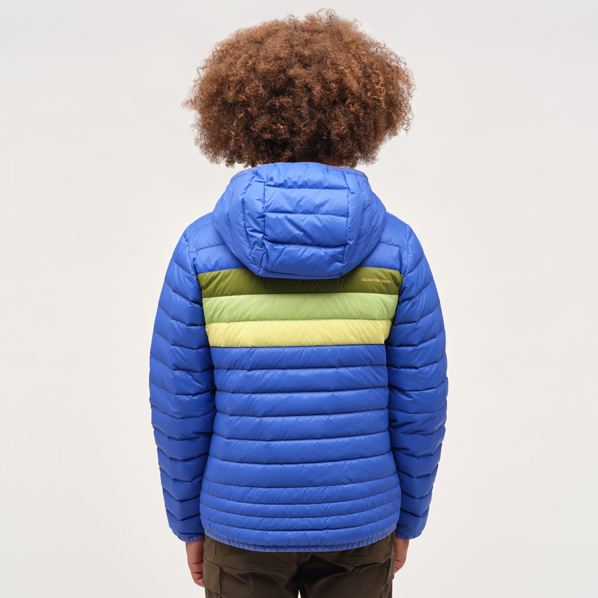 Fuego Hooded Down Jacket - Kids', Scuba Blue Stripes, Model Isaiah