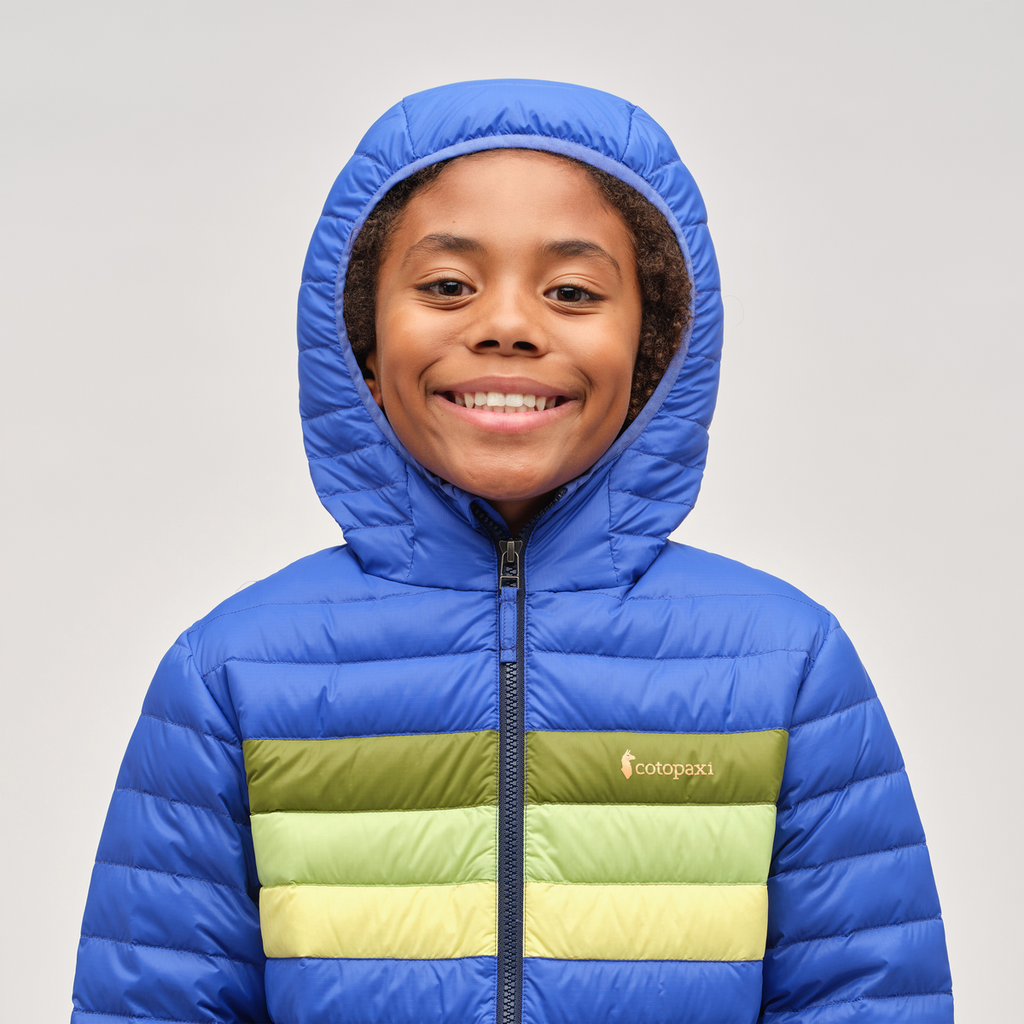 Fuego Hooded Down Jacket - Kids', Scuba Blue Stripes, Model Isaiah