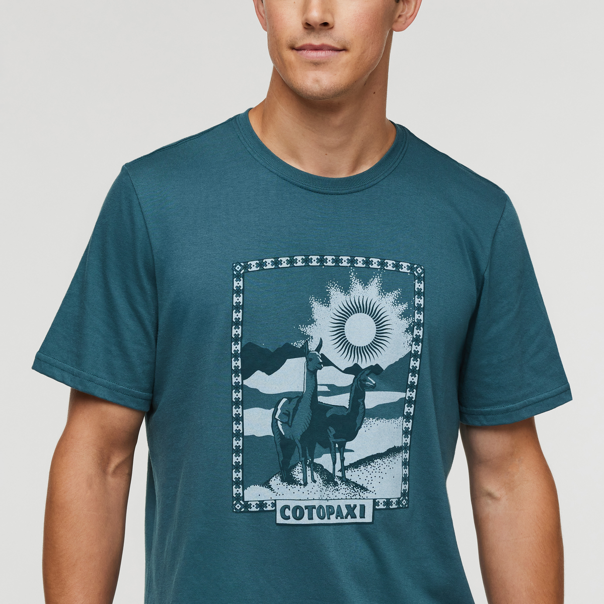 Llama Greetings T-Shirt - Men's, Blue Spruce, Model Kellan