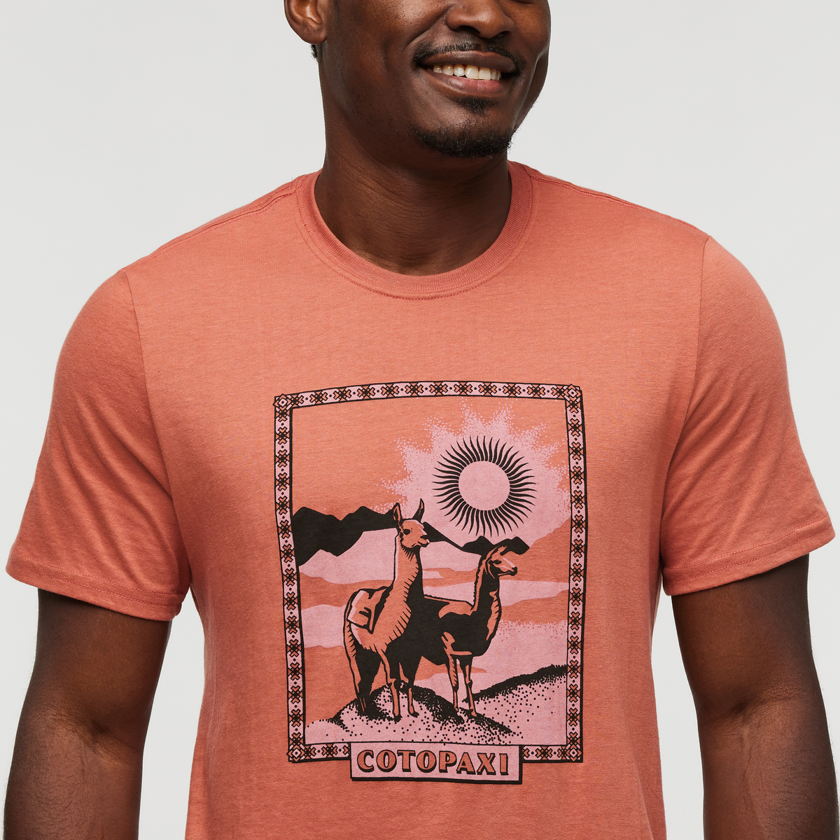 Llama Greetings T-Shirt - Men's, Faded Brick, Model Jeremy