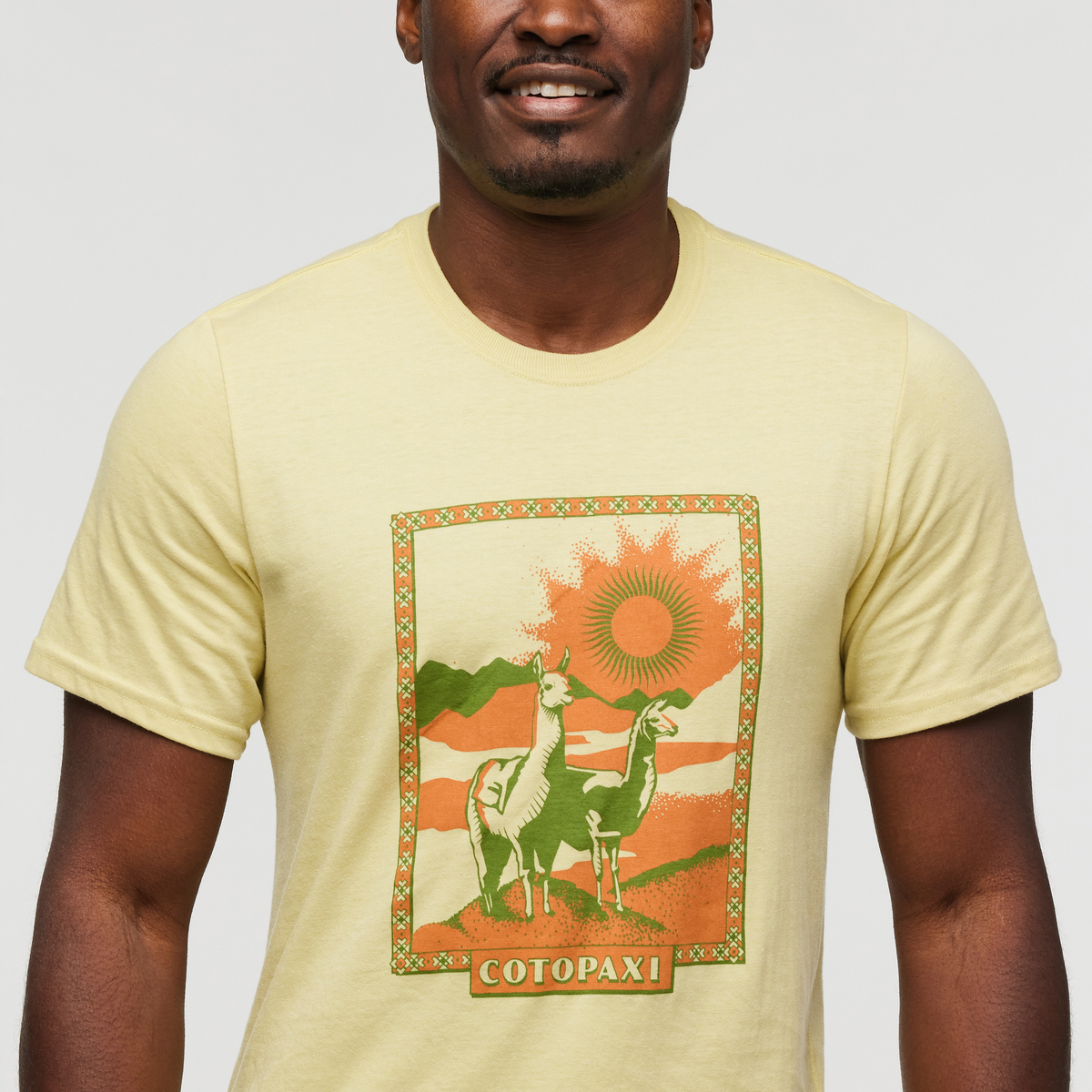Llama Greetings T-Shirt - Men's, Wheat, Model Jeremy