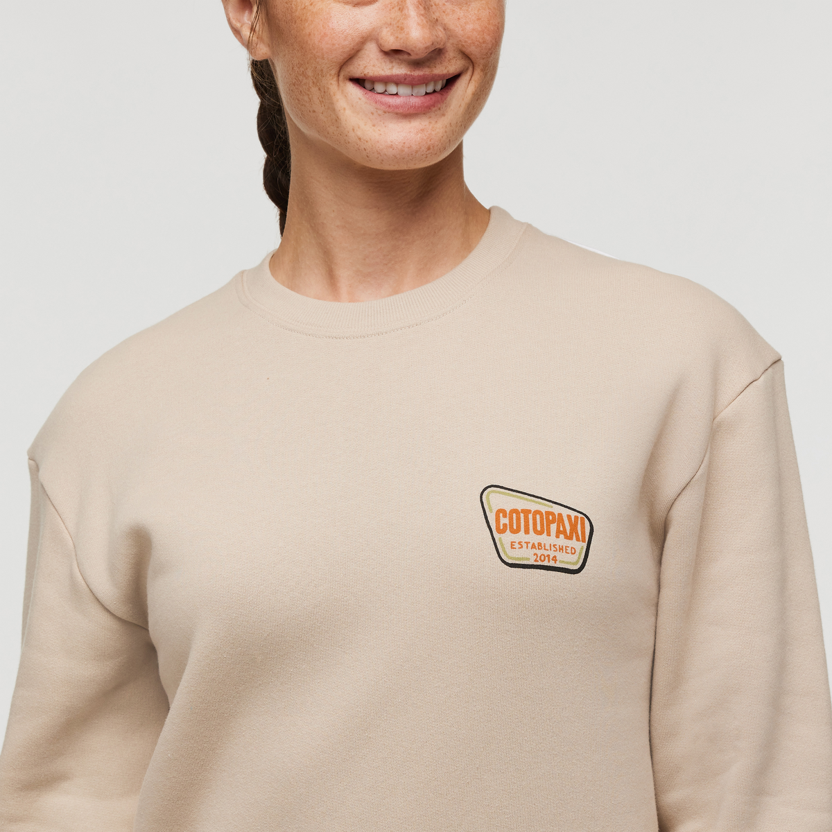 Camp Life Crew Sweatshirt - Women's, Oatmeal, Model Aya
