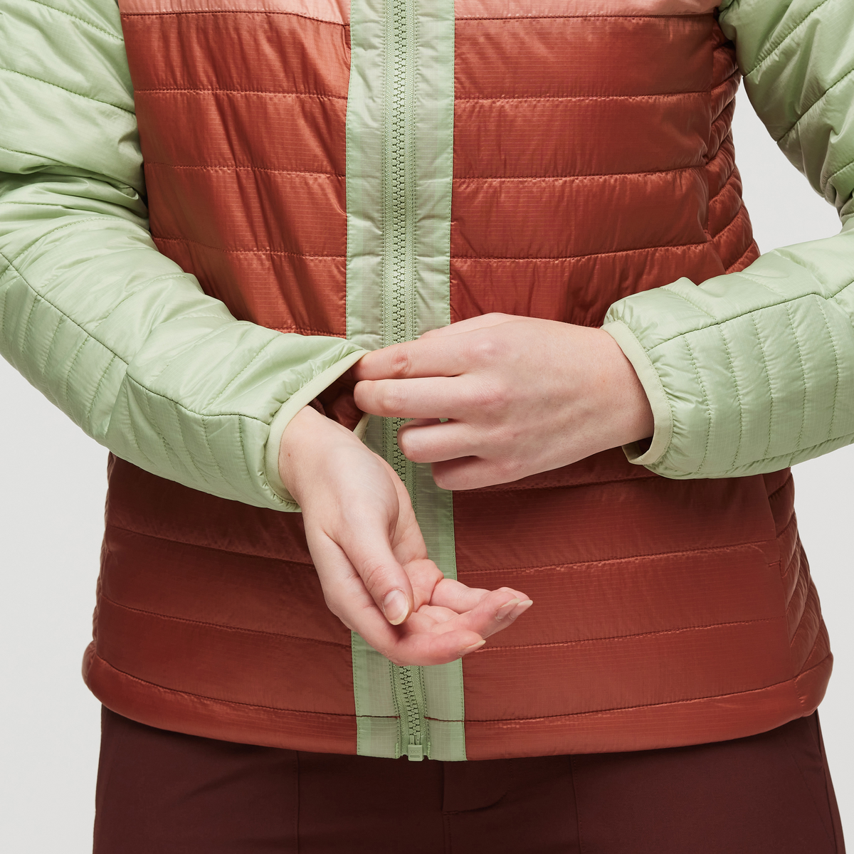 Capa Insulated Hooded Jacket - Women's, Green Tea/Faded Brick, Model Courtney