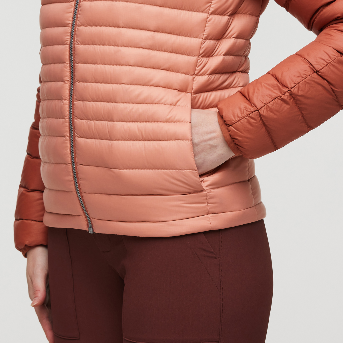 Fuego Hooded Down Jacket - Women's, Faded Brick/Clay, Model Courtney