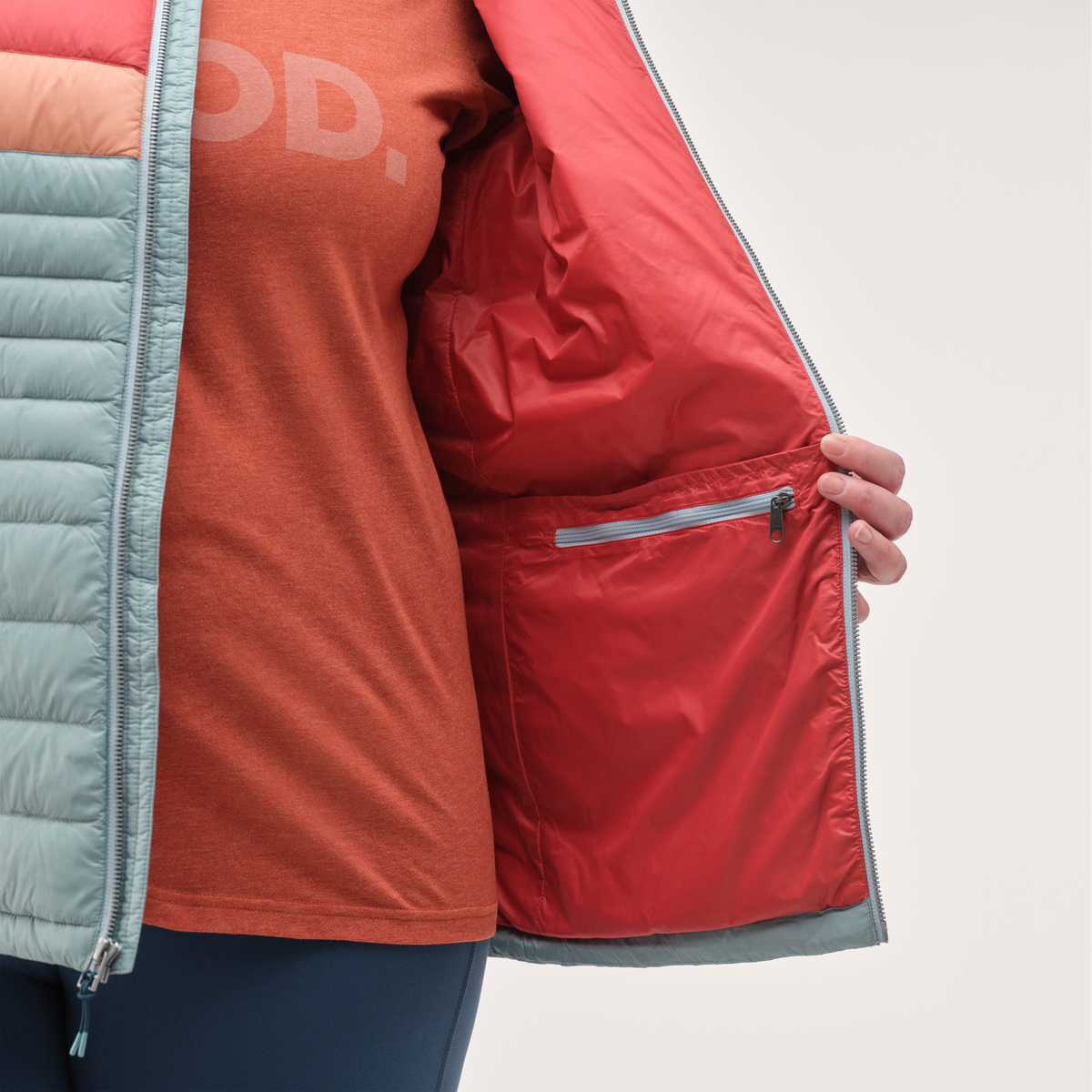 Fuego Hooded Down Jacket - Women's, Sea Spray Stripes, Model Jennifer