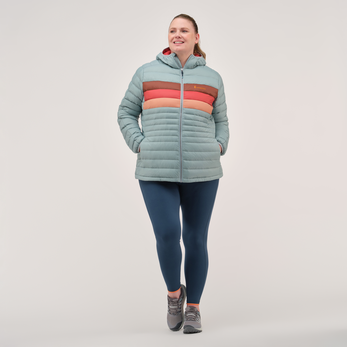 Fuego Hooded Down Jacket - Women's, Sea Spray Stripes, Model Jennifer