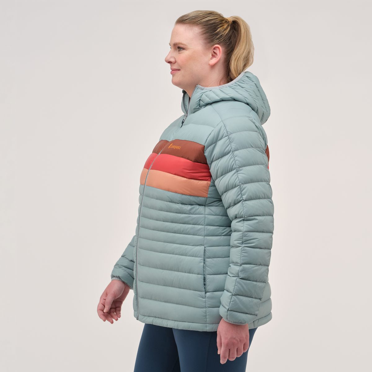 Fuego Hooded Down Jacket - Women's, Sea Spray Stripes, Model Jennifer