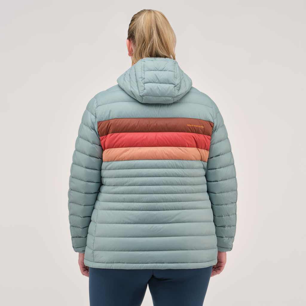 Fuego Hooded Down Jacket - Women's, Sea Spray Stripes, Model Jennifer