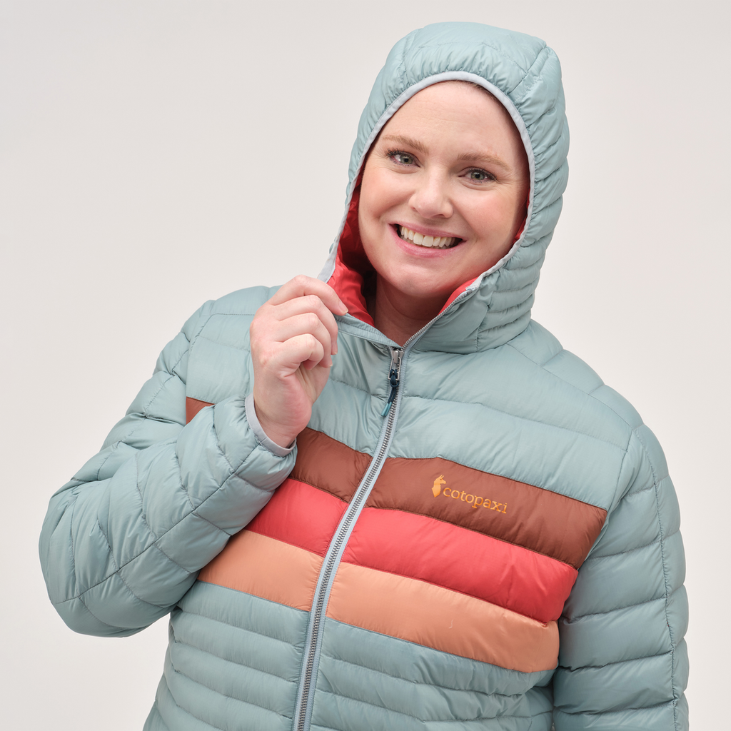 Fuego Hooded Down Jacket - Women's, Sea Spray Stripes, Model Jennifer