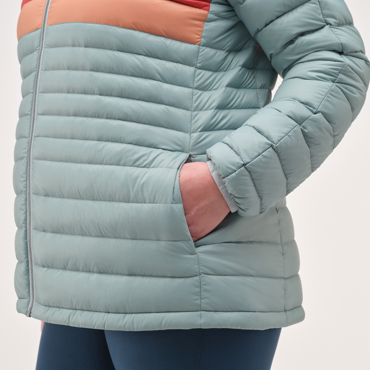 Fuego Hooded Down Jacket - Women's, Sea Spray Stripes, Model Jennifer