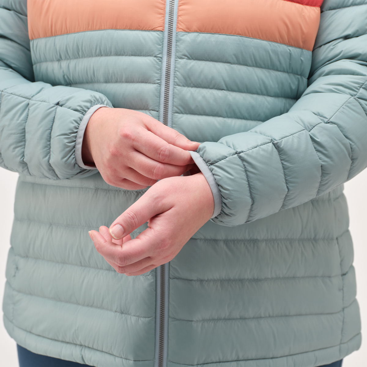 Fuego Hooded Down Jacket - Women's, Sea Spray Stripes, Model Jennifer