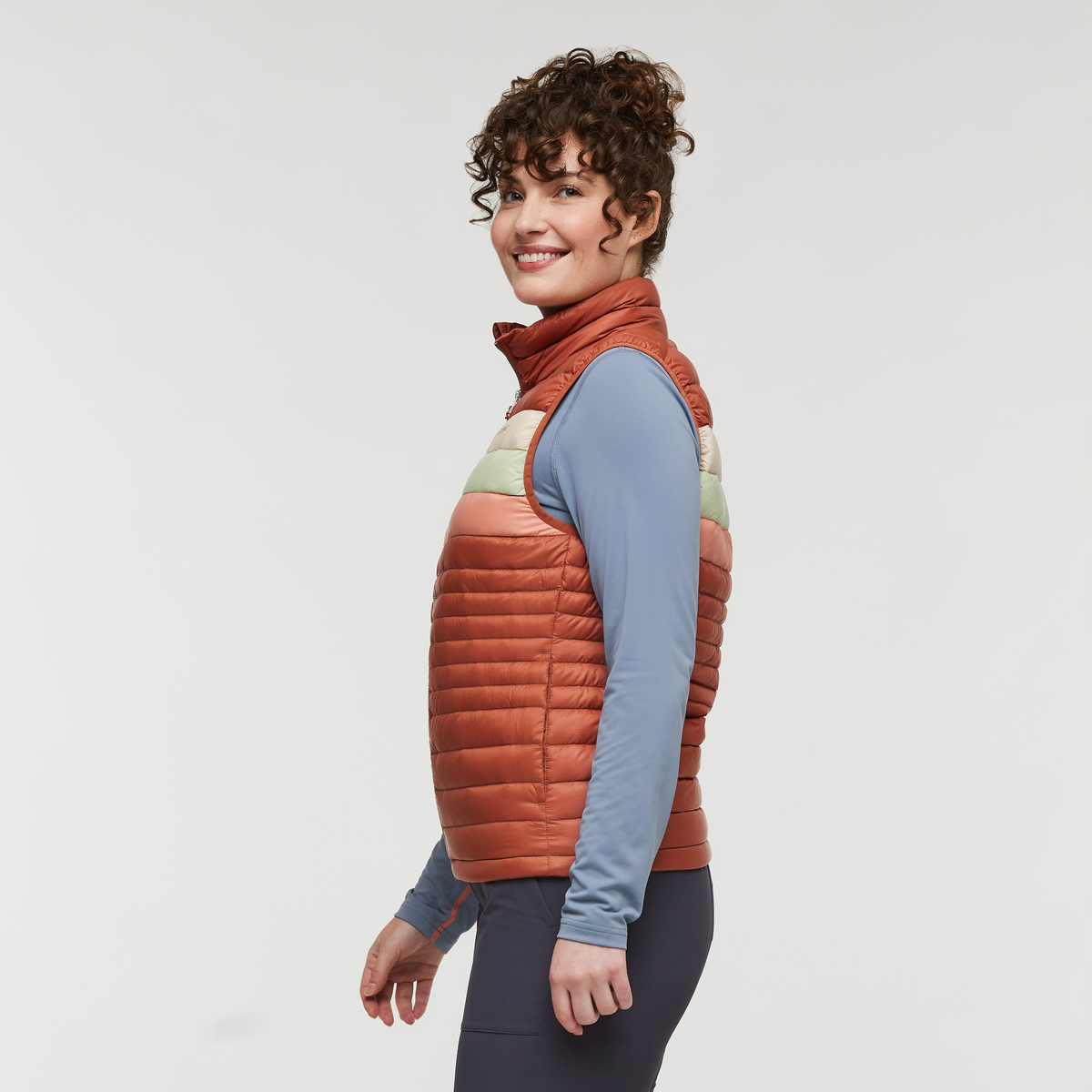Fuego Down Vest - Women's, Faded Brick Stripes, Model Courtney