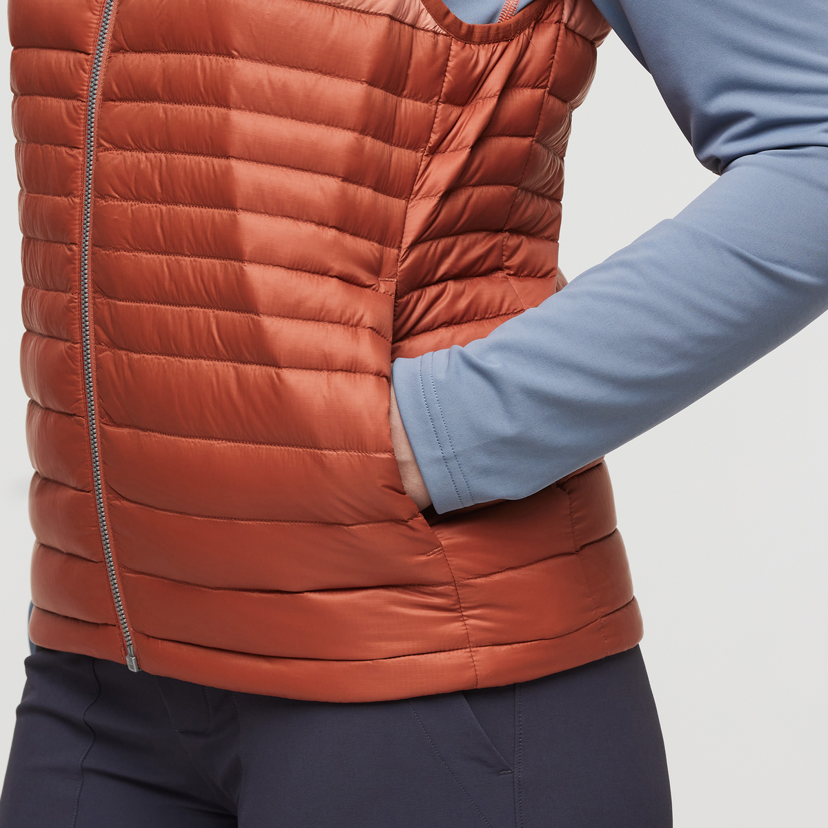 Fuego Down Vest - Women's, Faded Brick Stripes, Model Courtney